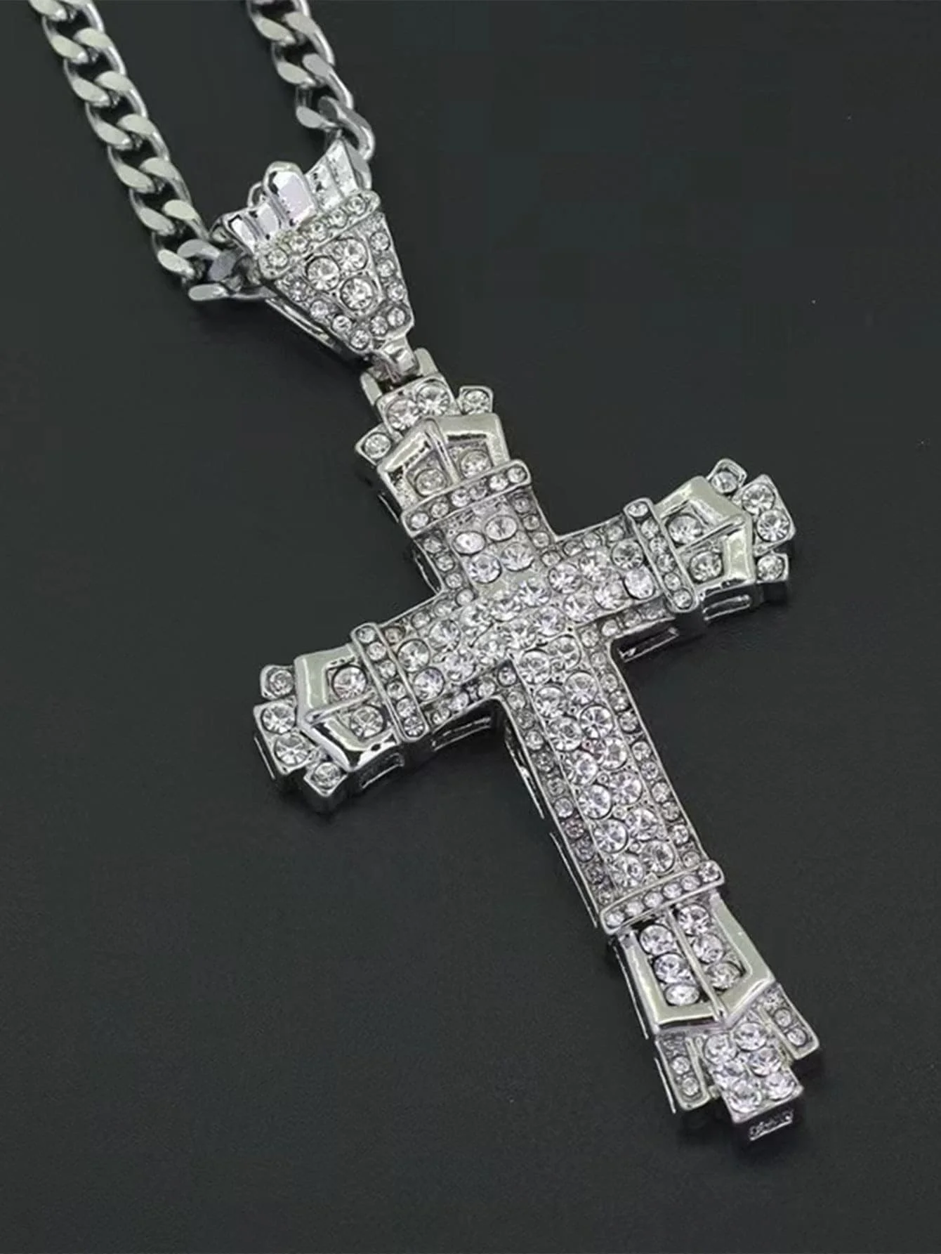 MEN Christian Cross Rhinestone Pendant Necklace