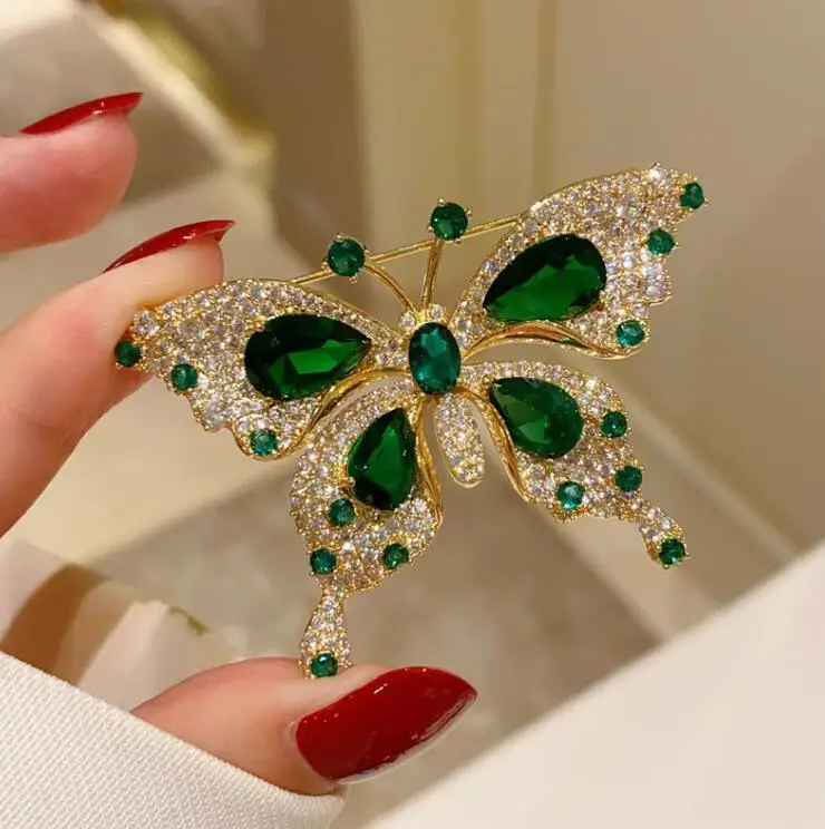 Retro Green Emerald Crystal Butterfly Brooches for Women