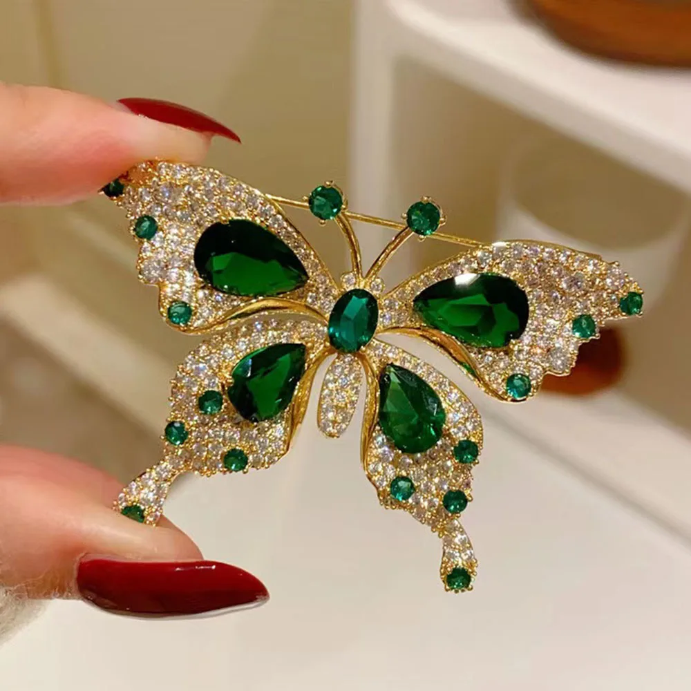 Retro Green Emerald Crystal Butterfly Brooches for Women