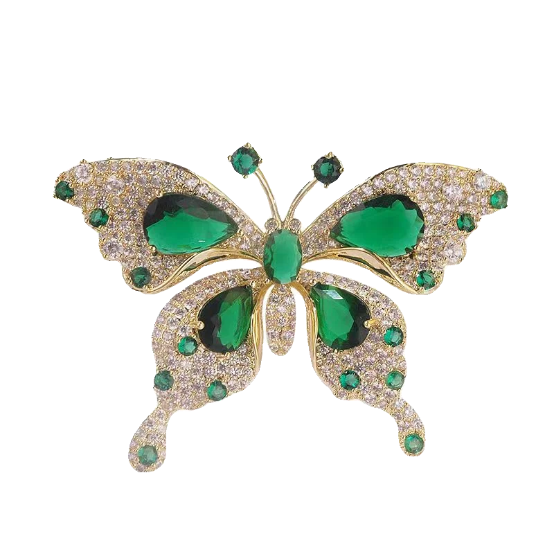 Retro Green Emerald Crystal Butterfly Brooches for Women