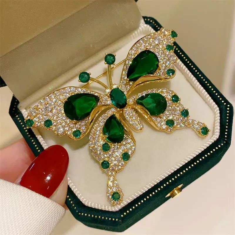 Retro Green Emerald Crystal Butterfly Brooches for Women