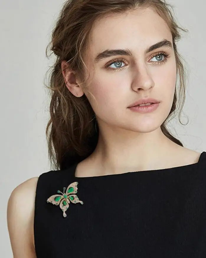 Retro Green Emerald Crystal Butterfly Brooches for Women