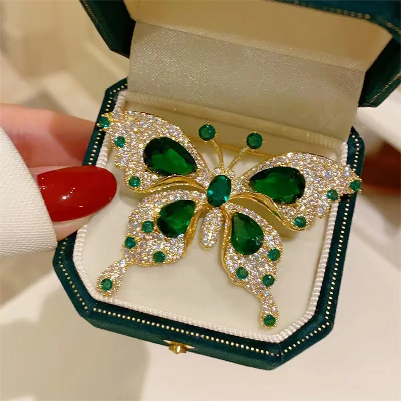 Retro Green Emerald Crystal Butterfly Brooches for Women