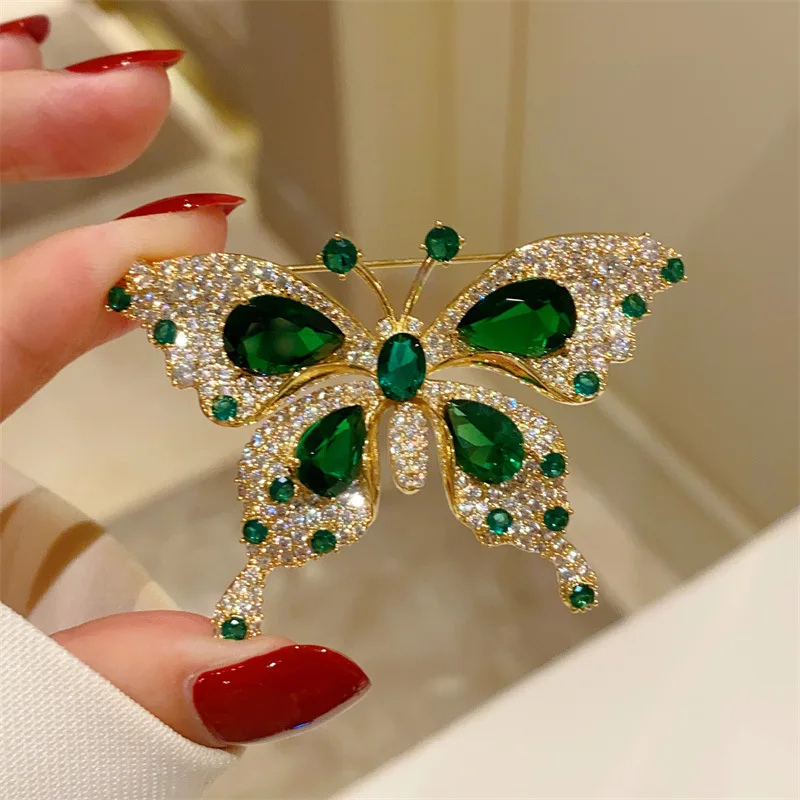 Retro Green Emerald Crystal Butterfly Brooches for Women