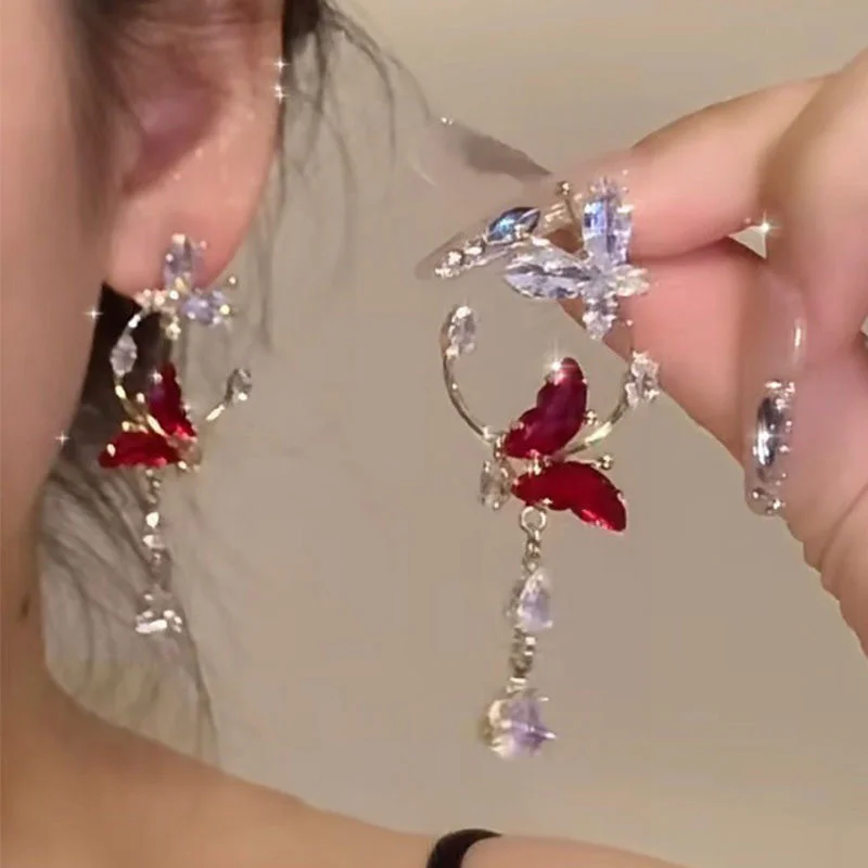Elegant Red Zircon Butterfly Drop Earrings for Women
