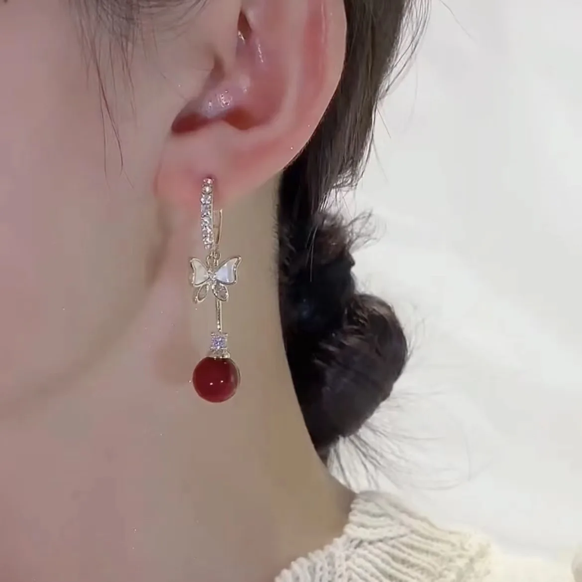 Elegant Red Zircon Butterfly Drop Earrings for Women