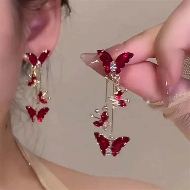 Elegant Red Zircon Butterfly Drop Earrings for Women