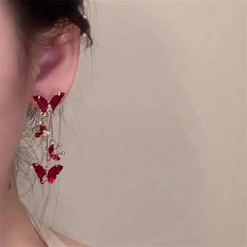 Elegant Red Zircon Butterfly Drop Earrings for Women