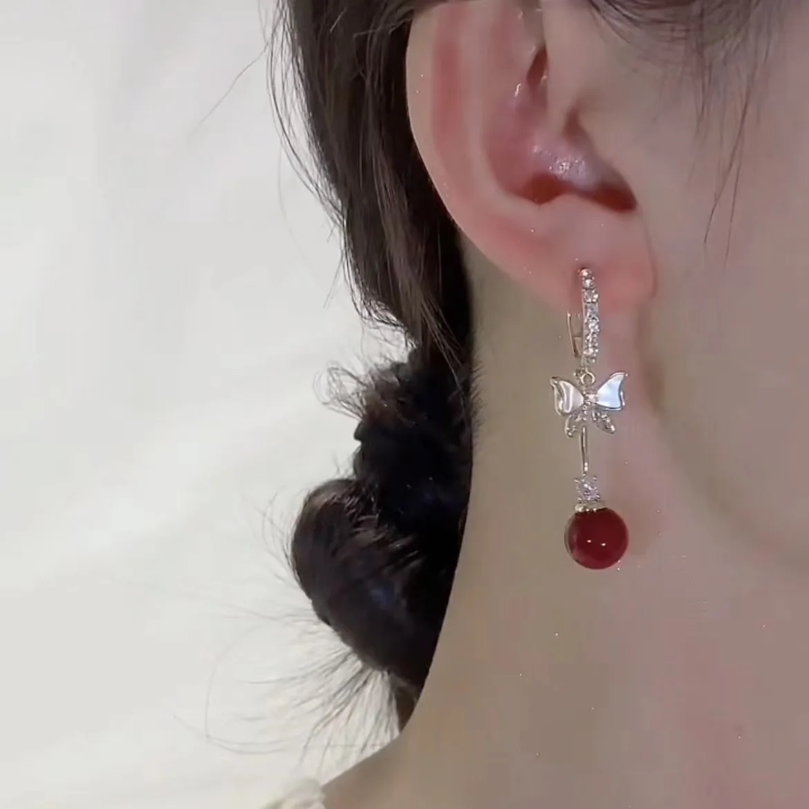 Elegant Red Zircon Butterfly Drop Earrings for Women