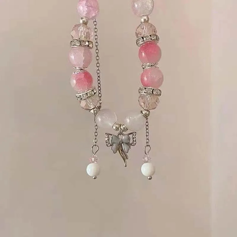 Crystal Flowers Butterfly Pendant Beaded Bracelet For Mom