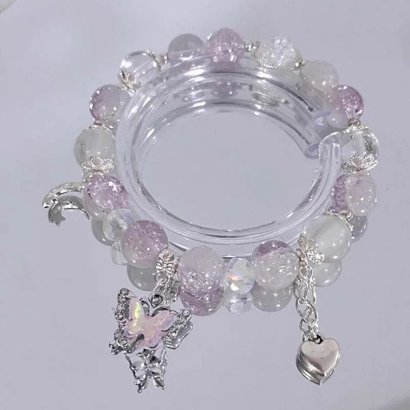 Crystal Flowers Butterfly Pendant Beaded Bracelet For Mom