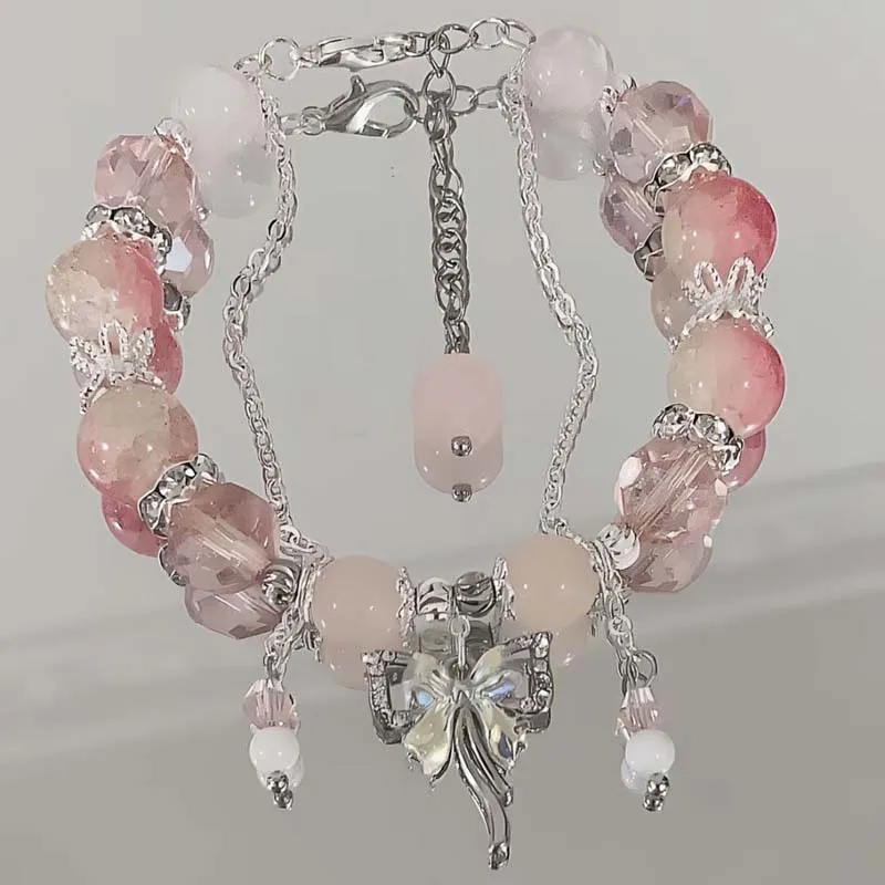 Crystal Flowers Butterfly Pendant Beaded Bracelet For Mom