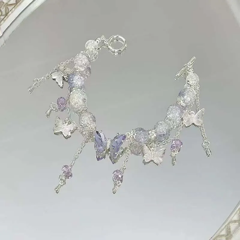 Crystal Flowers Butterfly Pendant Beaded Bracelet For Mom