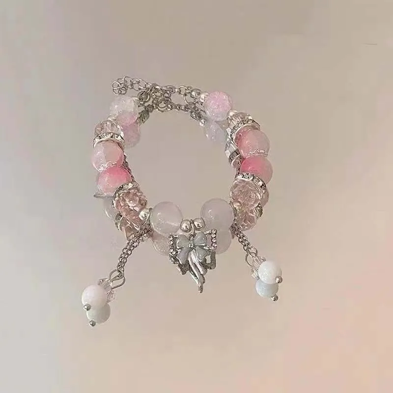 Crystal Flowers Butterfly Pendant Beaded Bracelet For Mom