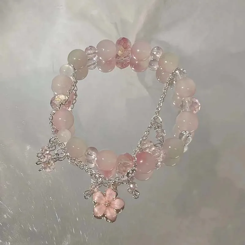 Crystal Flowers Butterfly Pendant Beaded Bracelet For Mom