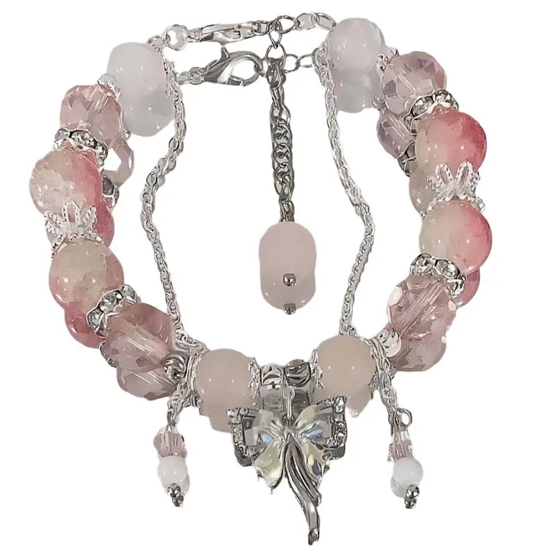 Crystal Flowers Butterfly Pendant Beaded Bracelet For Mom