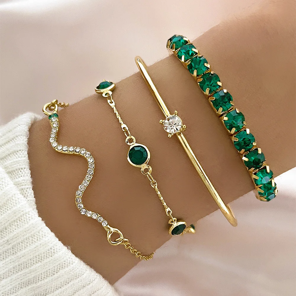 4Pcs Fashion Snake Green Gemstone Bangle Rhinestone for Women