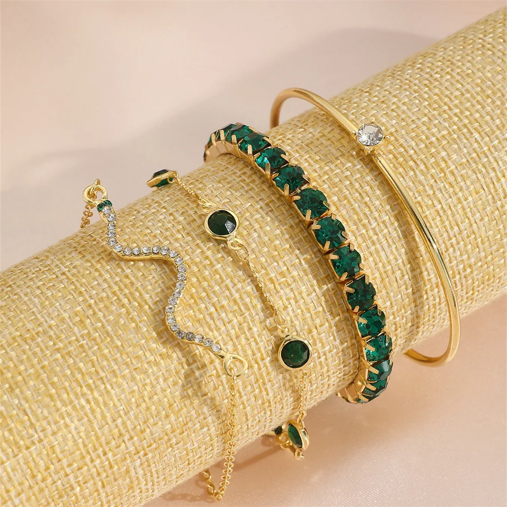 4Pcs Fashion Snake Green Gemstone Bangle Rhinestone for Women