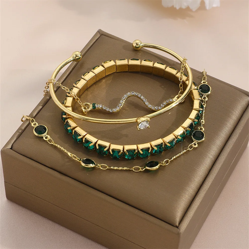 4Pcs Fashion Snake Green Gemstone Bangle Rhinestone for Women