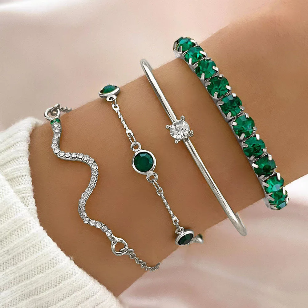 4Pcs Fashion Snake Green Gemstone Bangle Rhinestone for Women