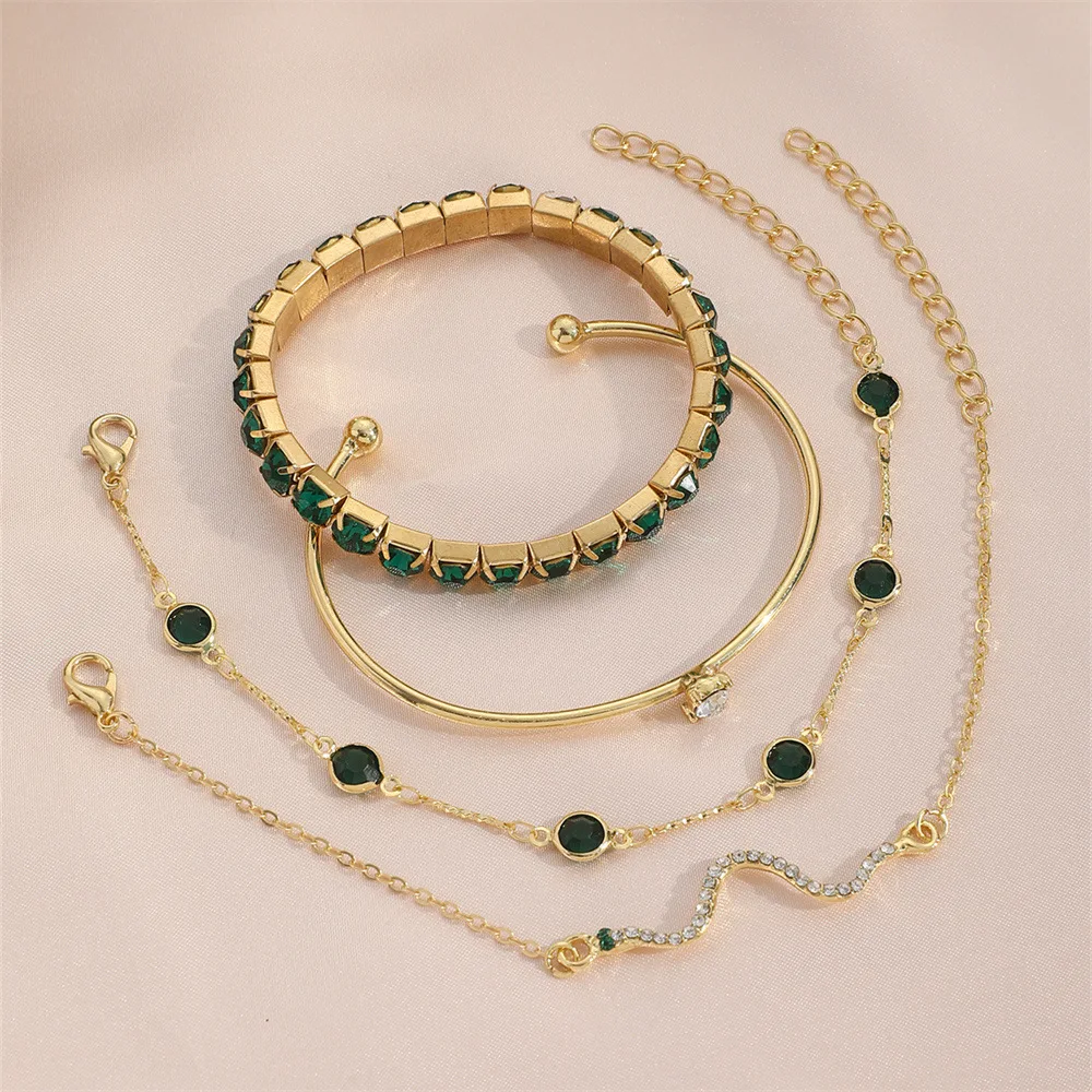 4Pcs Fashion Snake Green Gemstone Bangle Rhinestone for Women