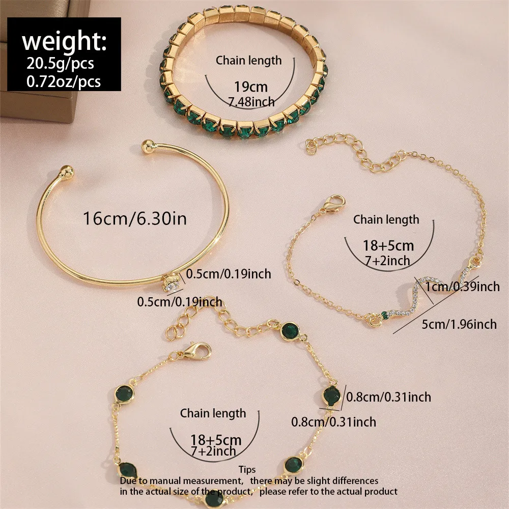 4Pcs Fashion Snake Green Gemstone Bangle Rhinestone for Women