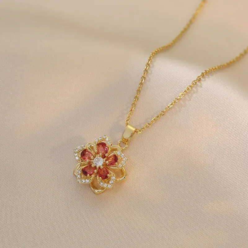 Light Luxury Spin Zircon Flower Pendant Necklace for Women