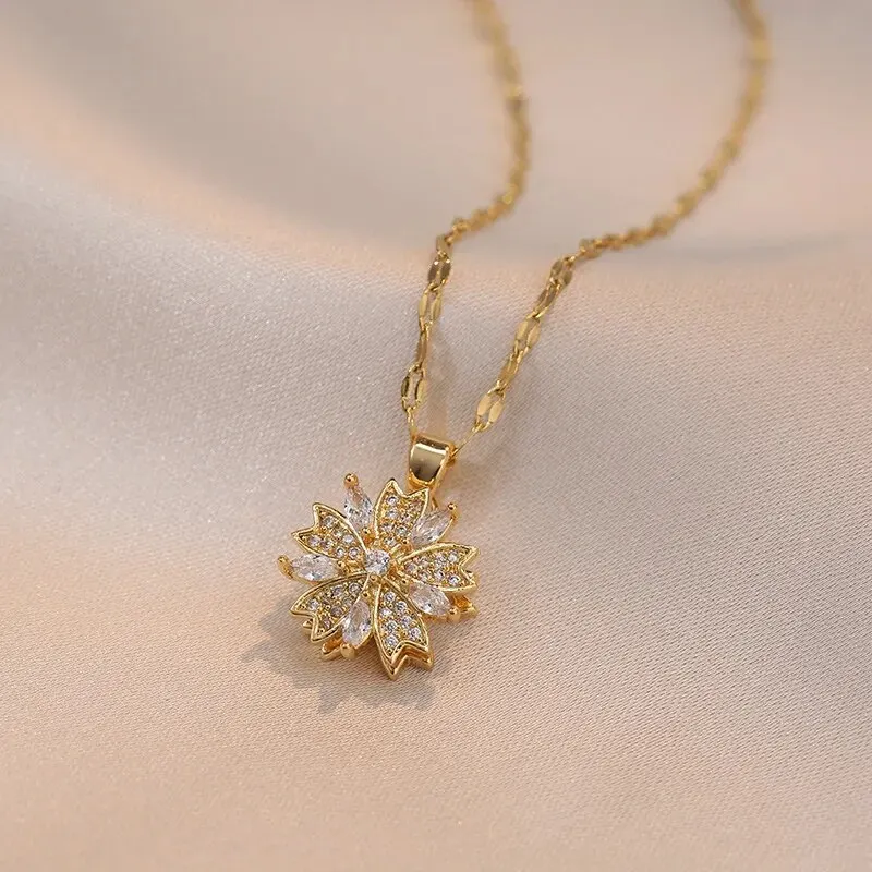 Light Luxury Spin Zircon Flower Pendant Necklace for Women