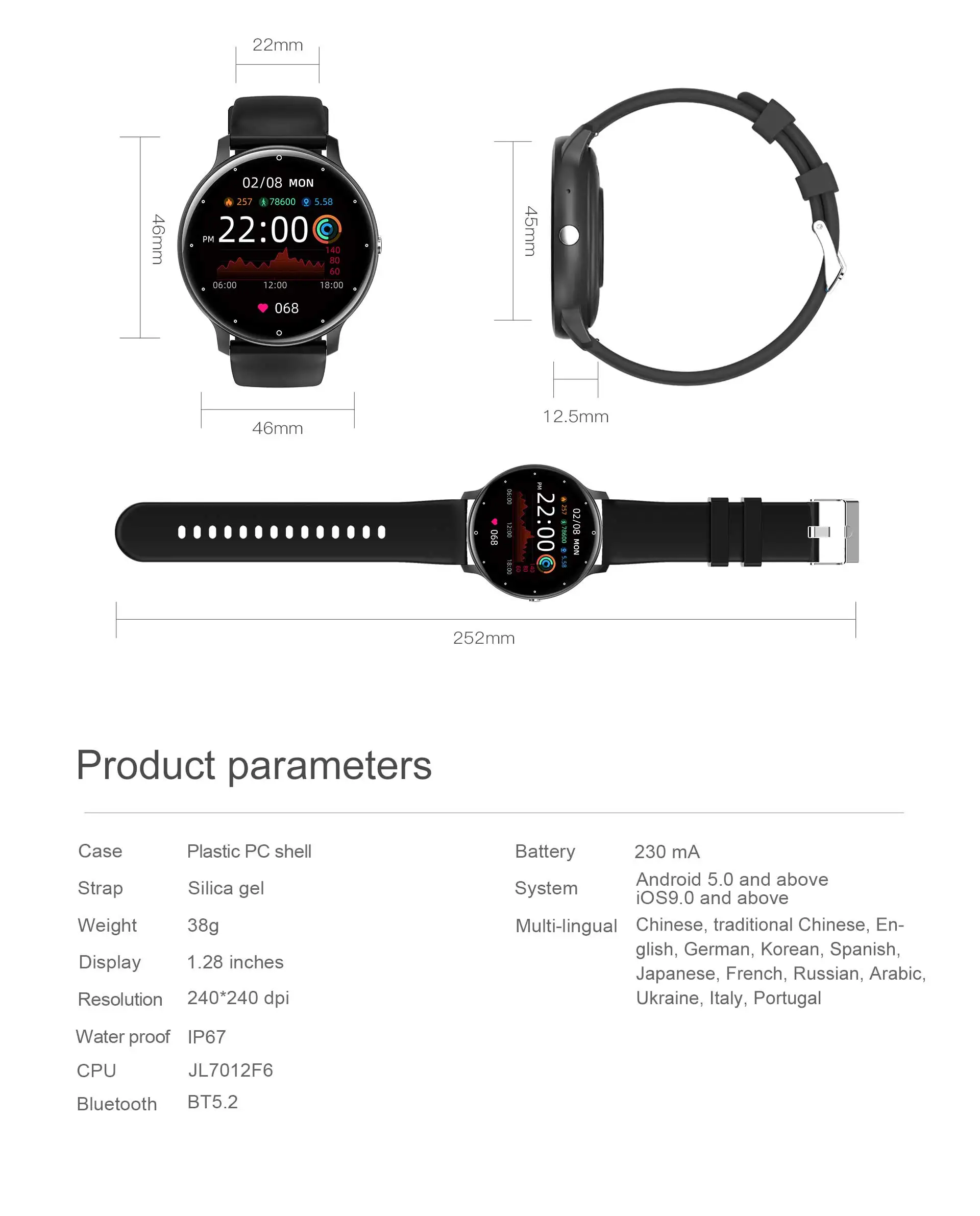 Bluetooth Call 24H Heart Rate Monitor IP67 Sports Fitness Waterproof Smart Watch