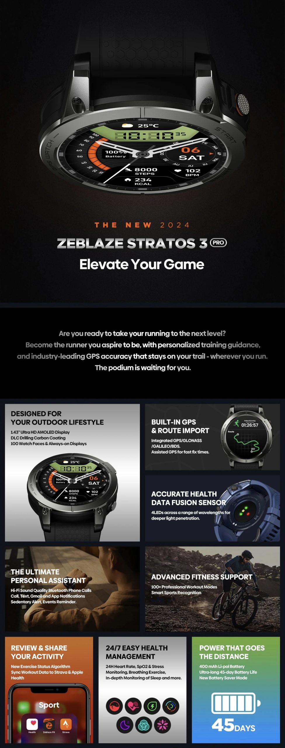 New Zeblaze Stratos 3 PRO 1.43” HD AMOLED Display GPS Smart Watch