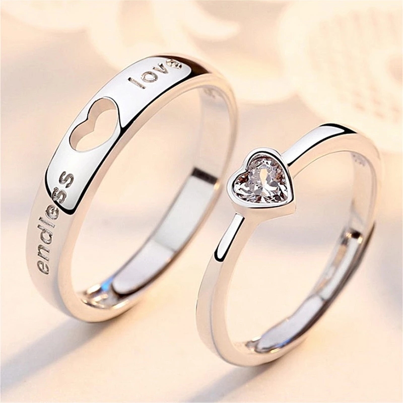 2Pcs Zircon Heart Matching Couple Rings Set