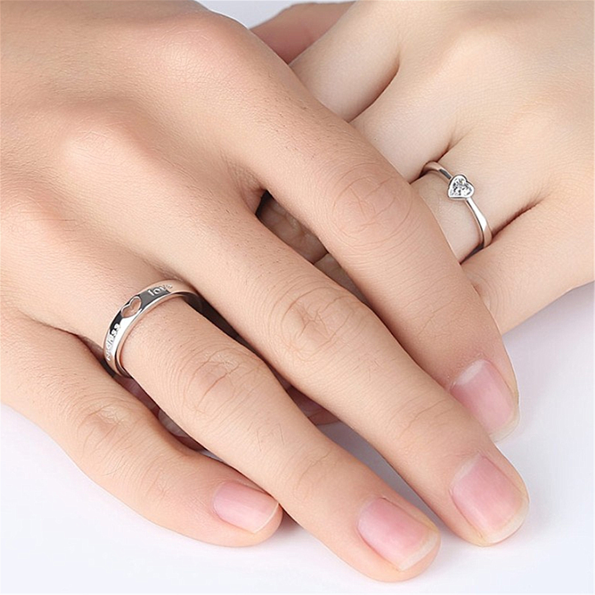 2Pcs Zircon Heart Matching Couple Rings Set