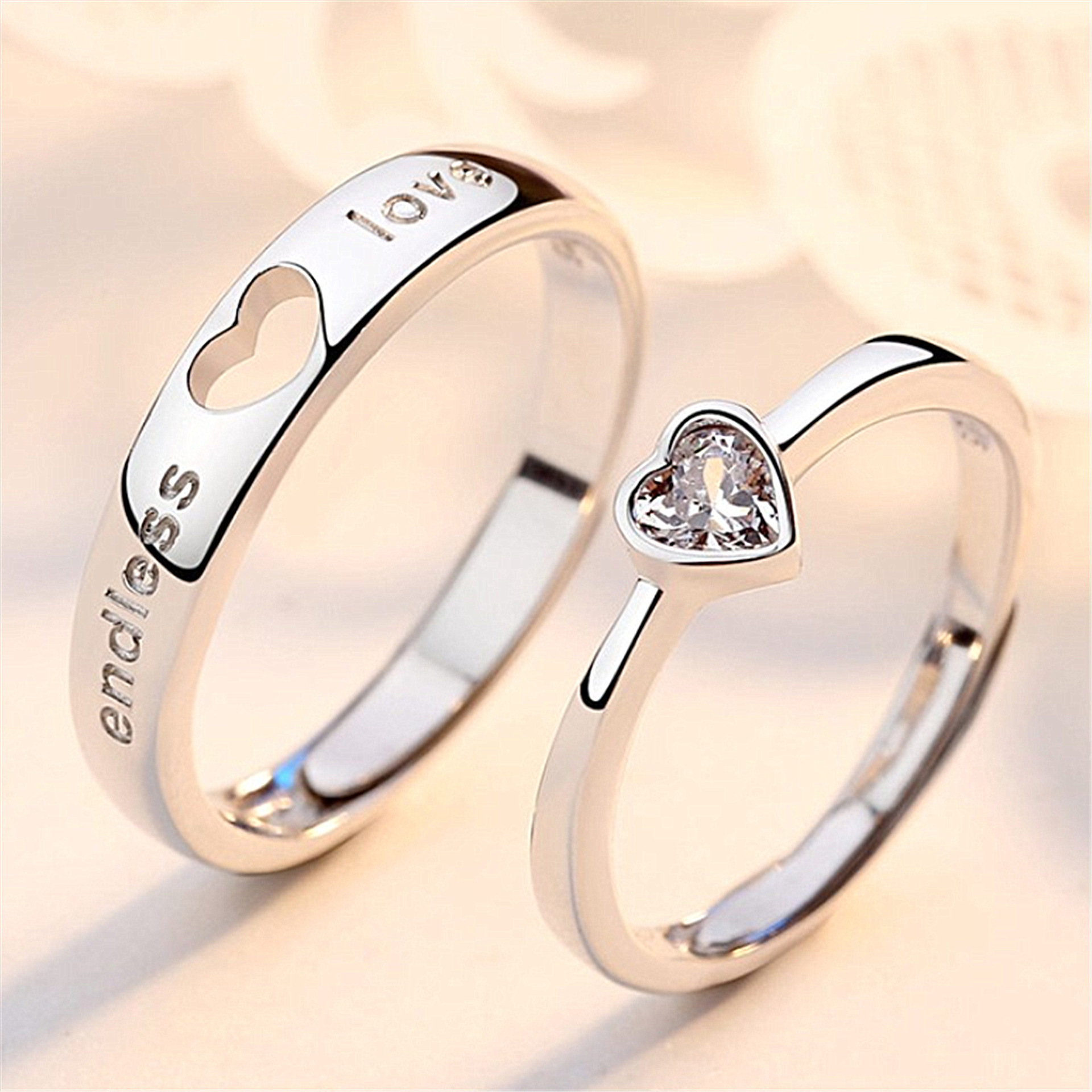 2Pcs Zircon Heart Matching Couple Rings Set