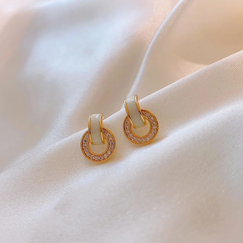 Korean White Drip Oil Circular Stud Earrings for Women