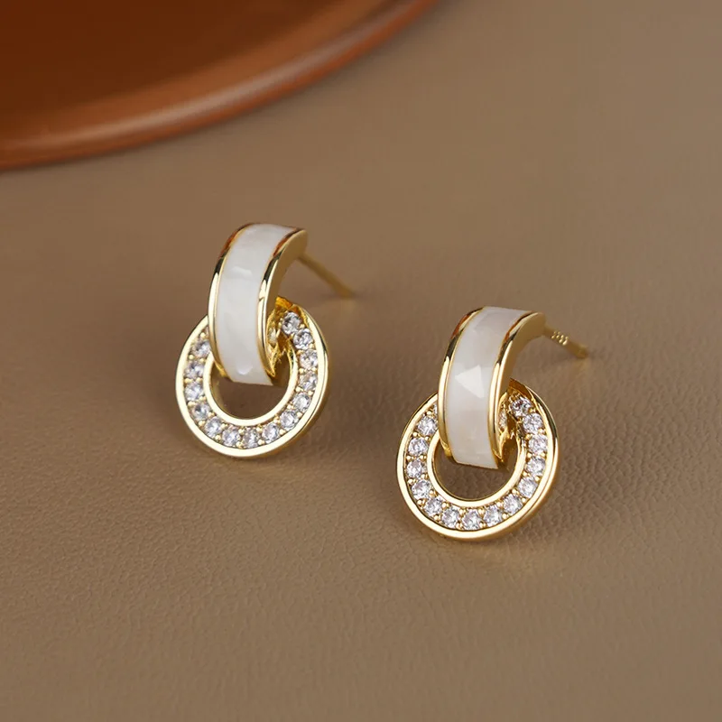 Korean White Drip Oil Circular Stud Earrings for Women