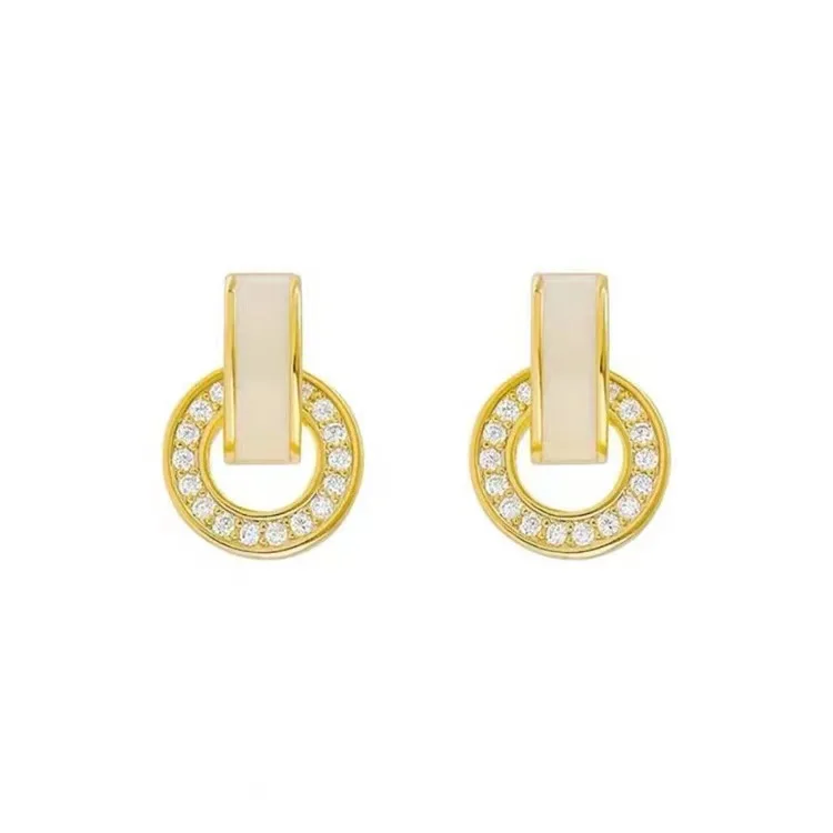 Korean White Drip Oil Circular Stud Earrings for Women