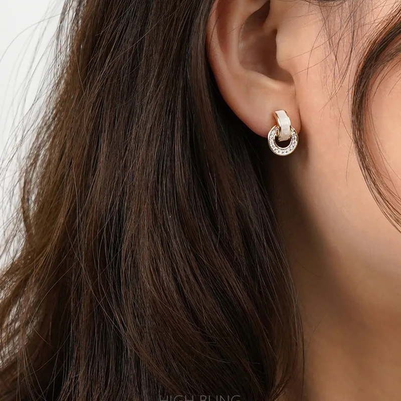 Korean White Drip Oil Circular Stud Earrings for Women