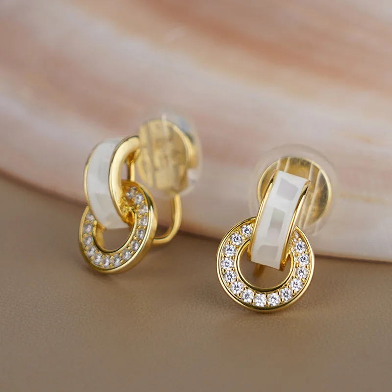 Korean White Drip Oil Circular Stud Earrings for Women
