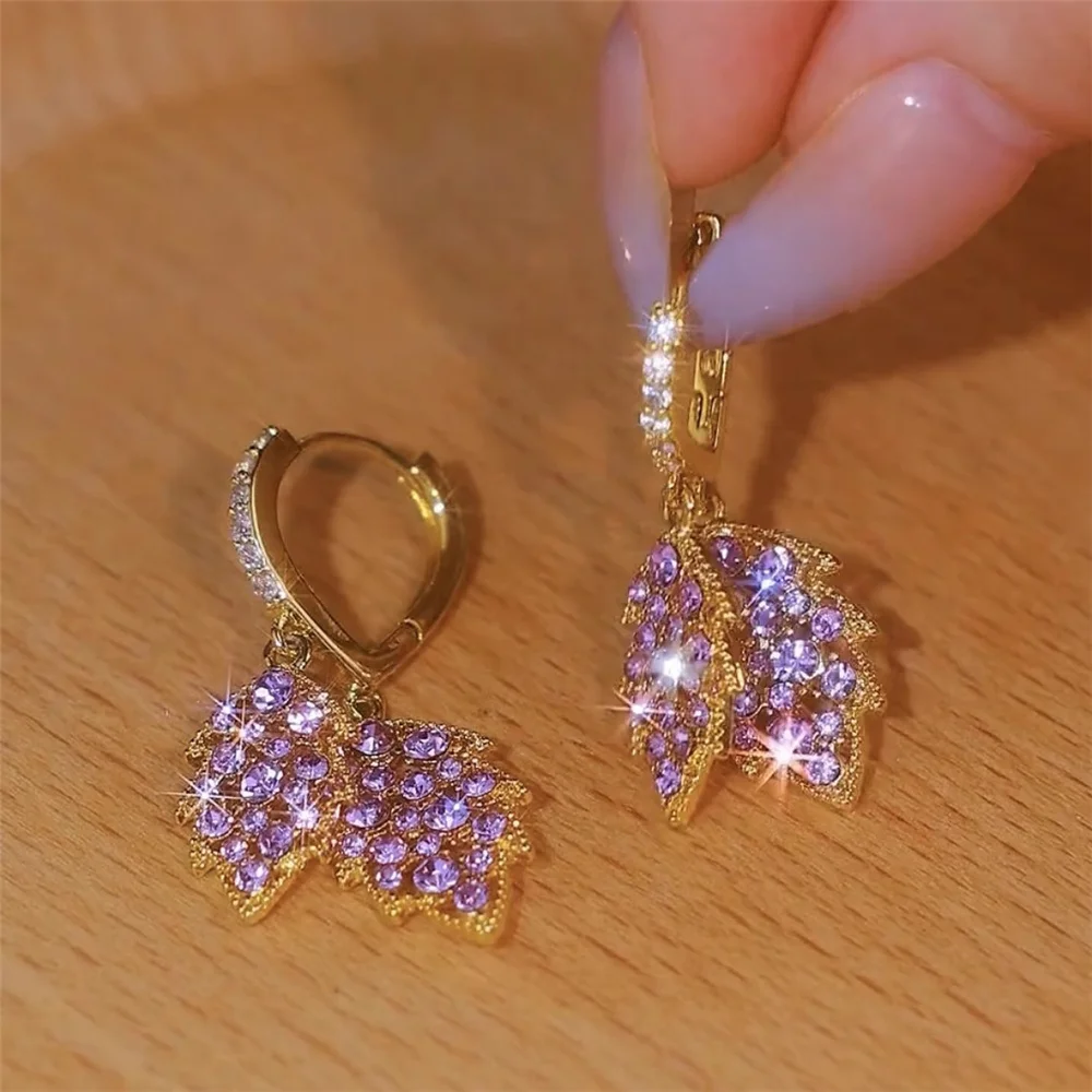 Purple Tree Leaf Zircon Stone Hoop Earrings for women