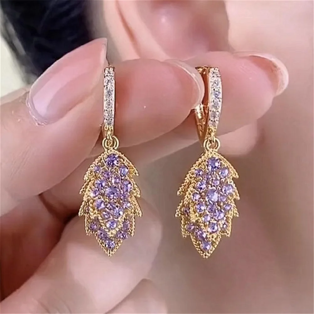 Purple Tree Leaf Zircon Stone Hoop Earrings for women