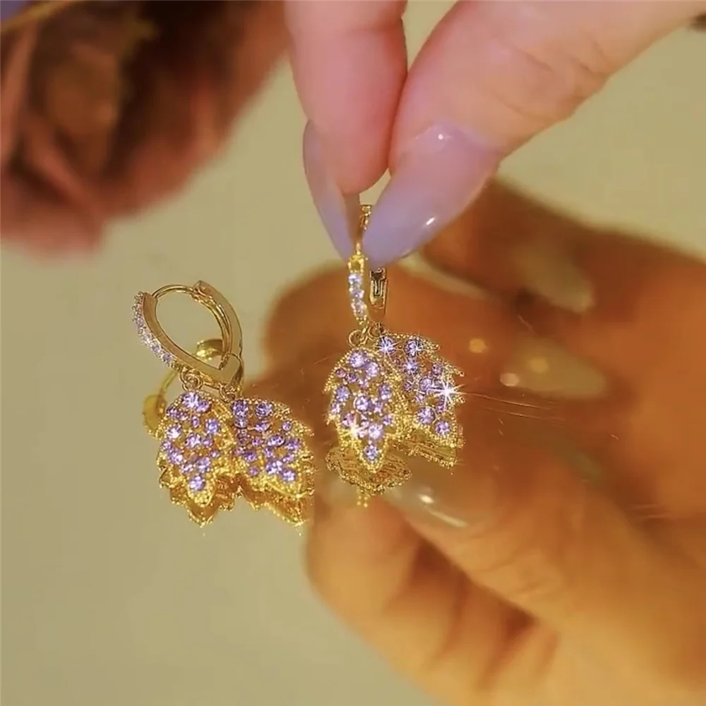 Purple Tree Leaf Zircon Stone Hoop Earrings for women