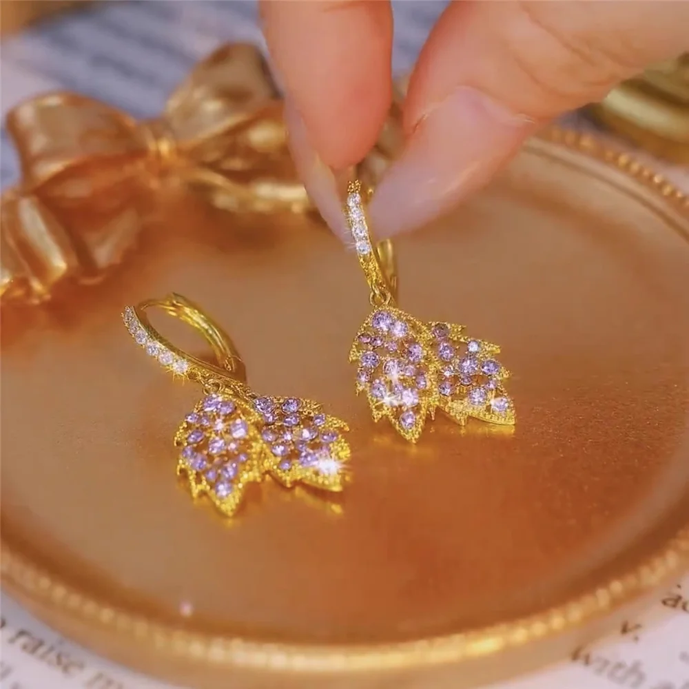 Purple Tree Leaf Zircon Stone Hoop Earrings for women