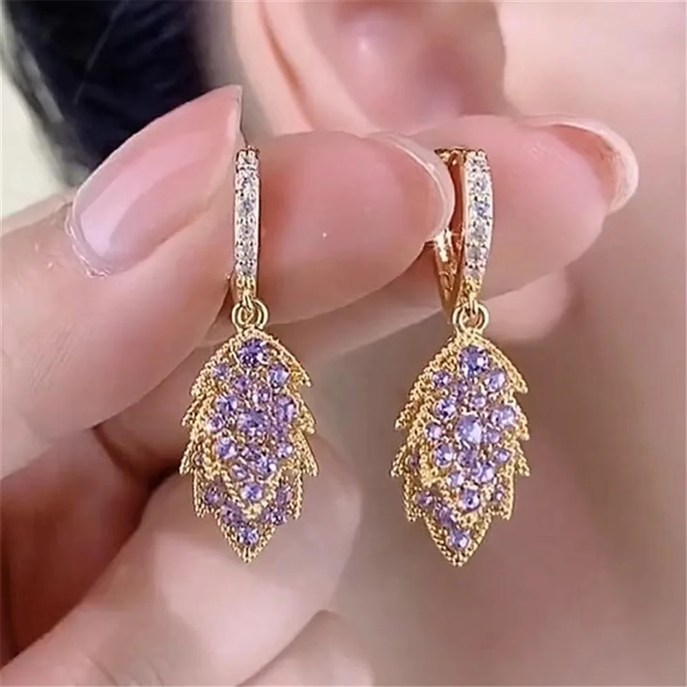 Purple Tree Leaf Zircon Stone Hoop Earrings for women