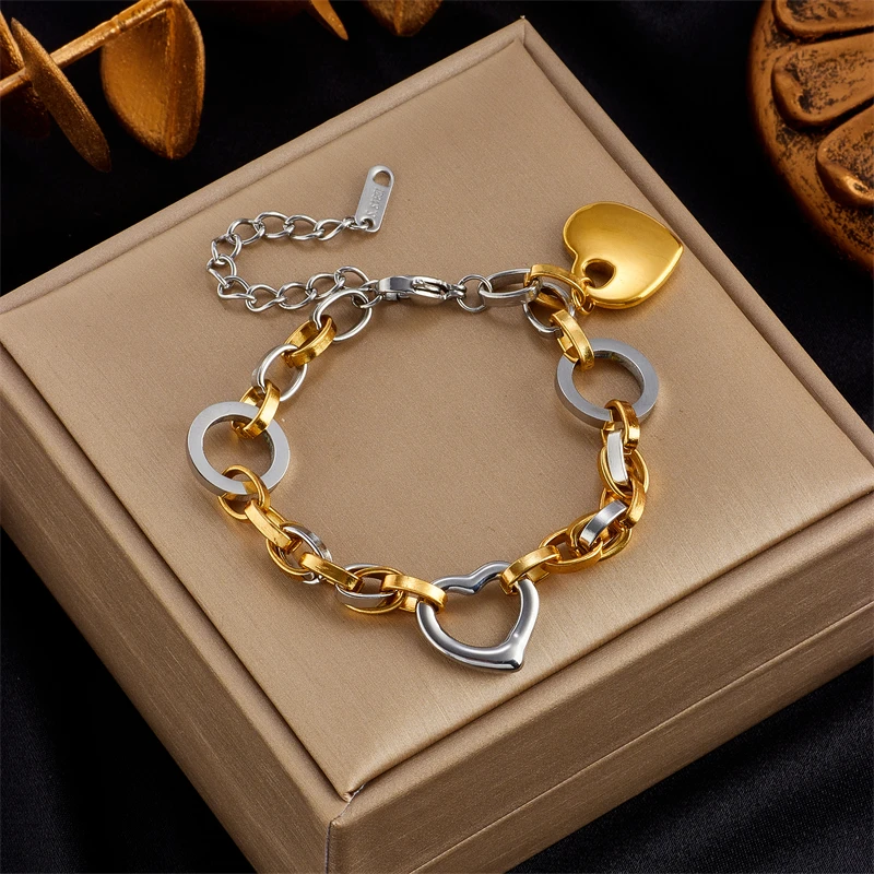 Stainless Steel Gold Color Heart Butterfly Thick Bracelet For Women