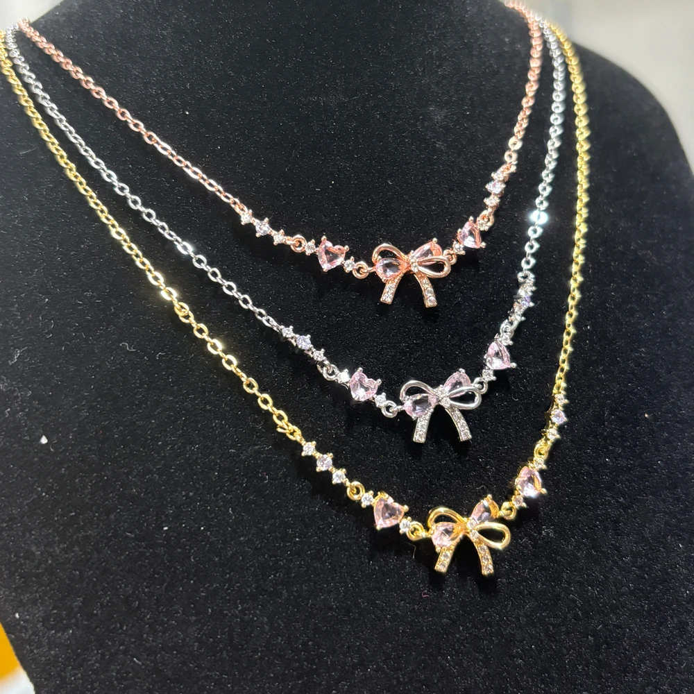 Pink Zircon Bowknot Love Heart Chain Bracelet For Women Pink Zircon Bowknot Love Heart Chain Bracelet For Women