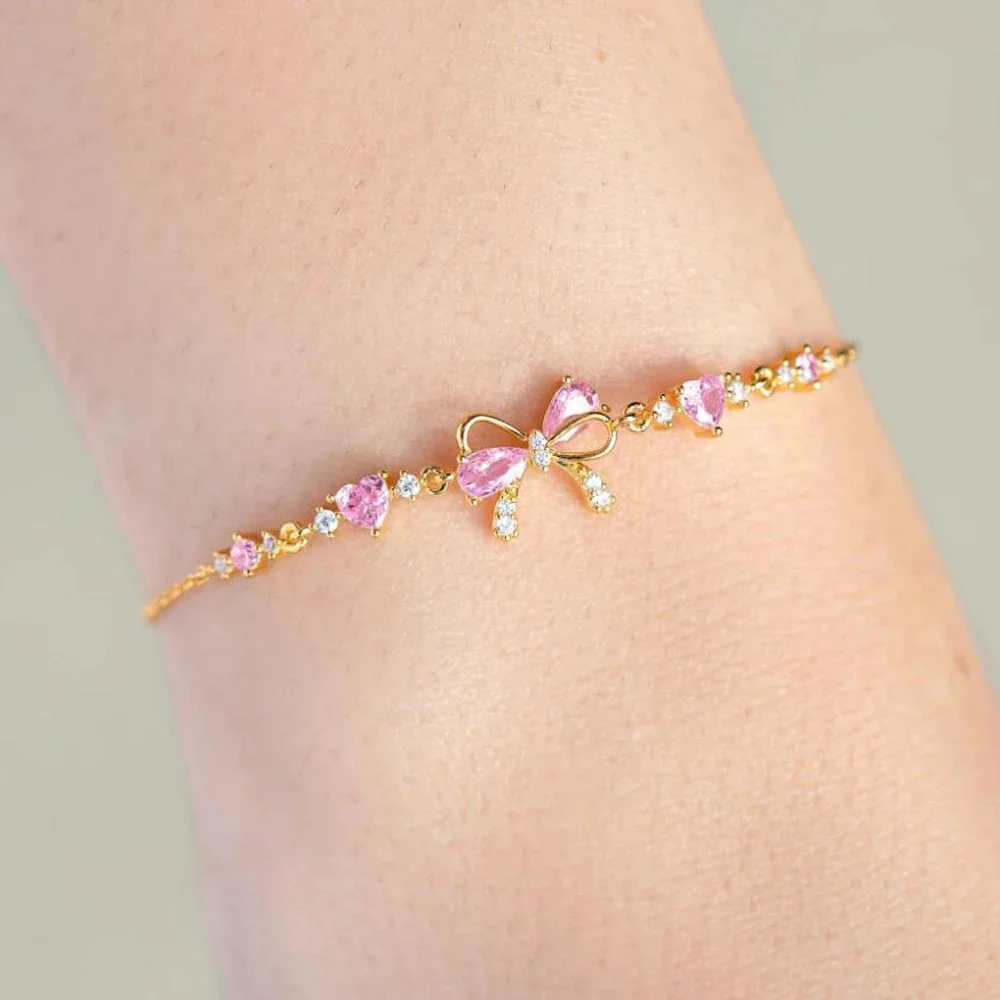 Pink Zircon Bowknot Love Heart Chain Bracelet For Women