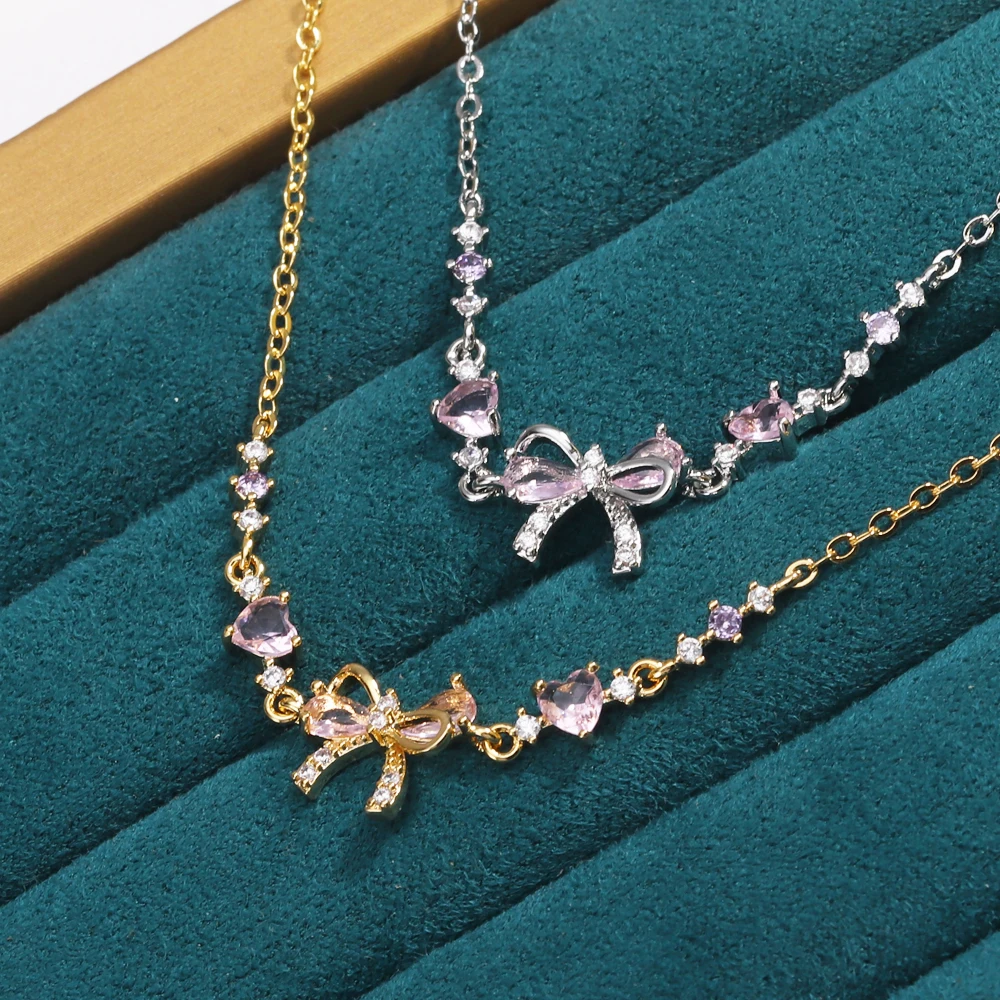 Pink Zircon Bowknot Love Heart Chain Bracelet For Women Pink Zircon Bowknot Love Heart Chain Bracelet For Women