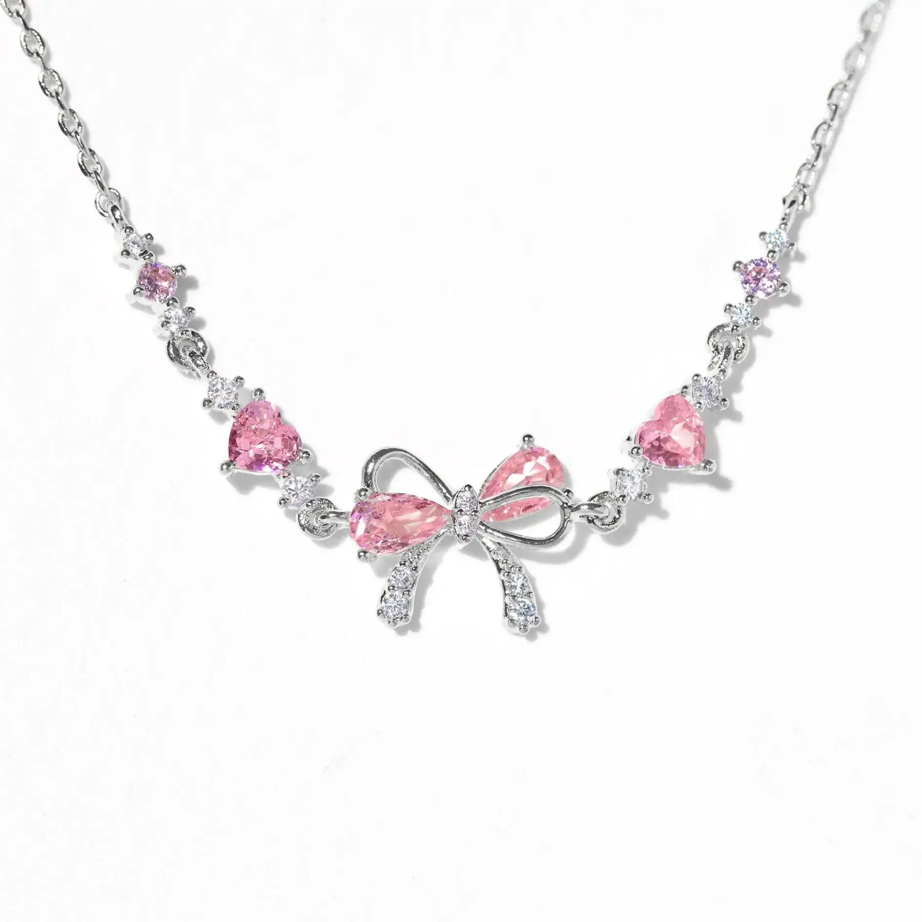 Pink Zircon Bowknot Love Heart Chain Bracelet For Women