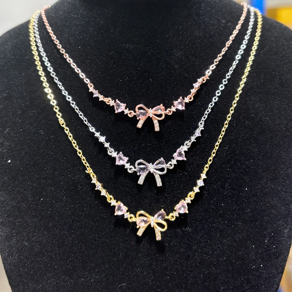 Pink Zircon Bowknot Love Heart Chain Bracelet For Women Pink Zircon Bowknot Love Heart Chain Bracelet For Women