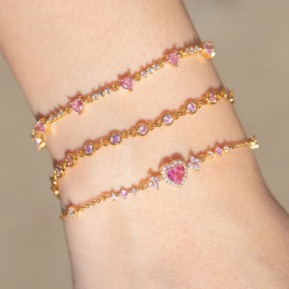 Pink Zircon Bowknot Love Heart Chain Bracelet For Women